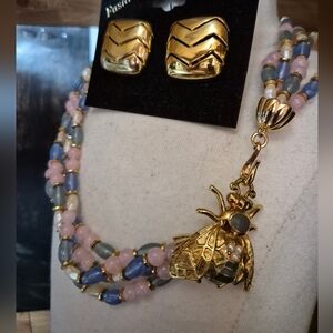 Vintage Bee Pendant Necklace with Pink and Blue Beads